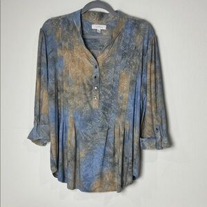 New Directions Blue & Tan Embroidered Blouse